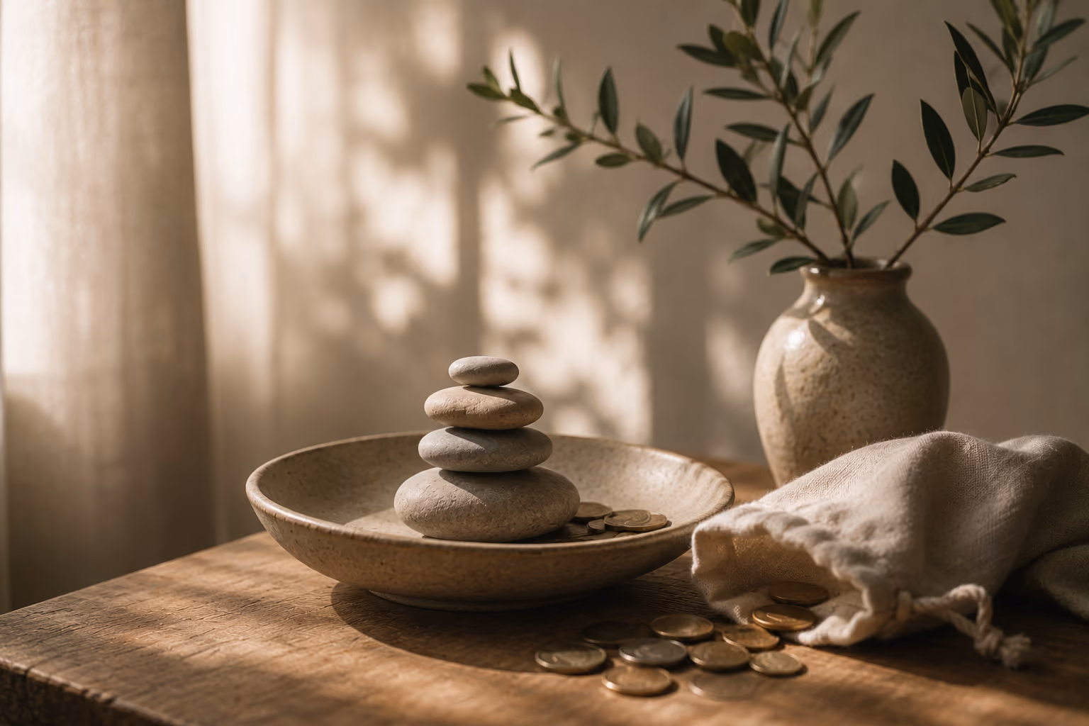 A small stack of stones and coins in a bowl, with an olive branch in warm afternoon light.