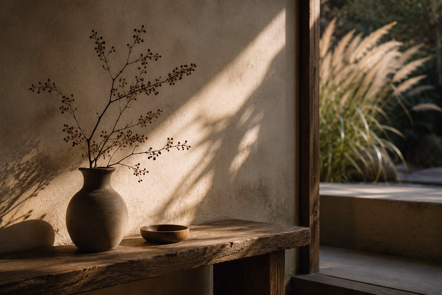 A quiet corner with a pottery vase, dried branches and warm evening light.