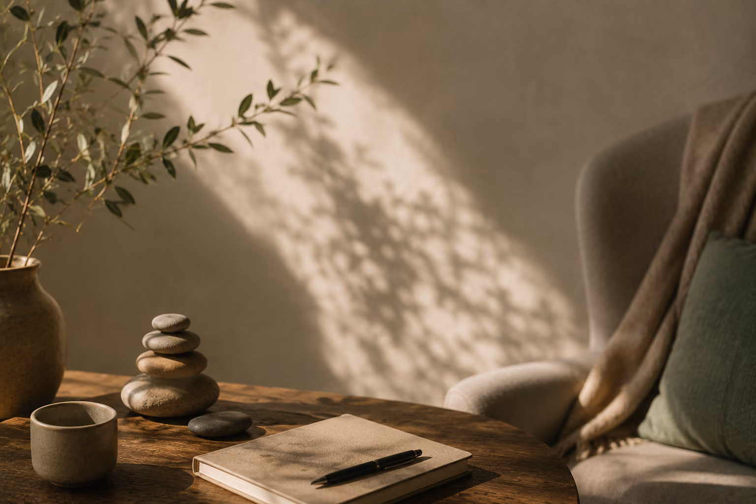 A quiet corner with a journal, a stacked stone cairn and warm afternoon light.