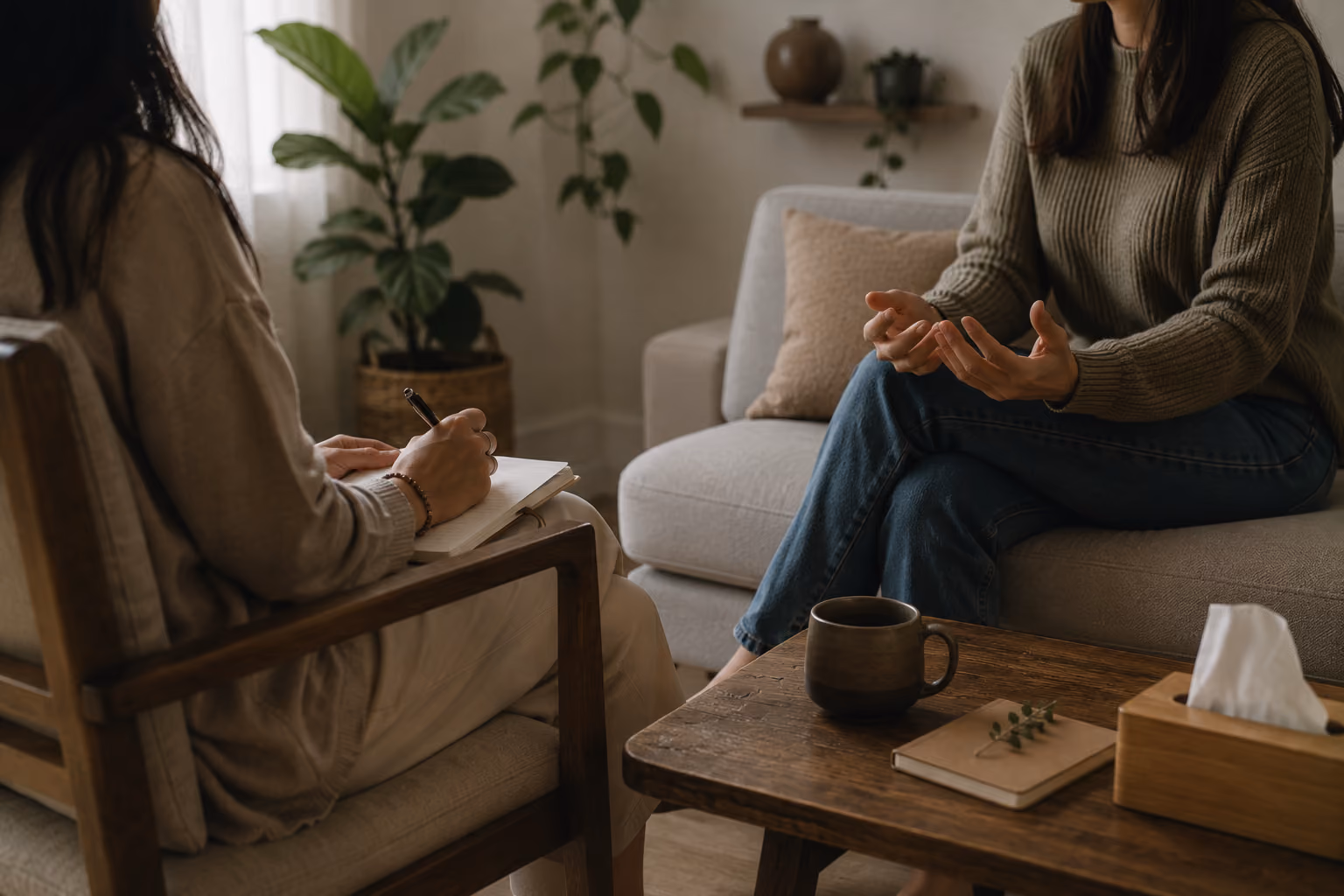 A counselling session in progress, in a warm, softly lit room.