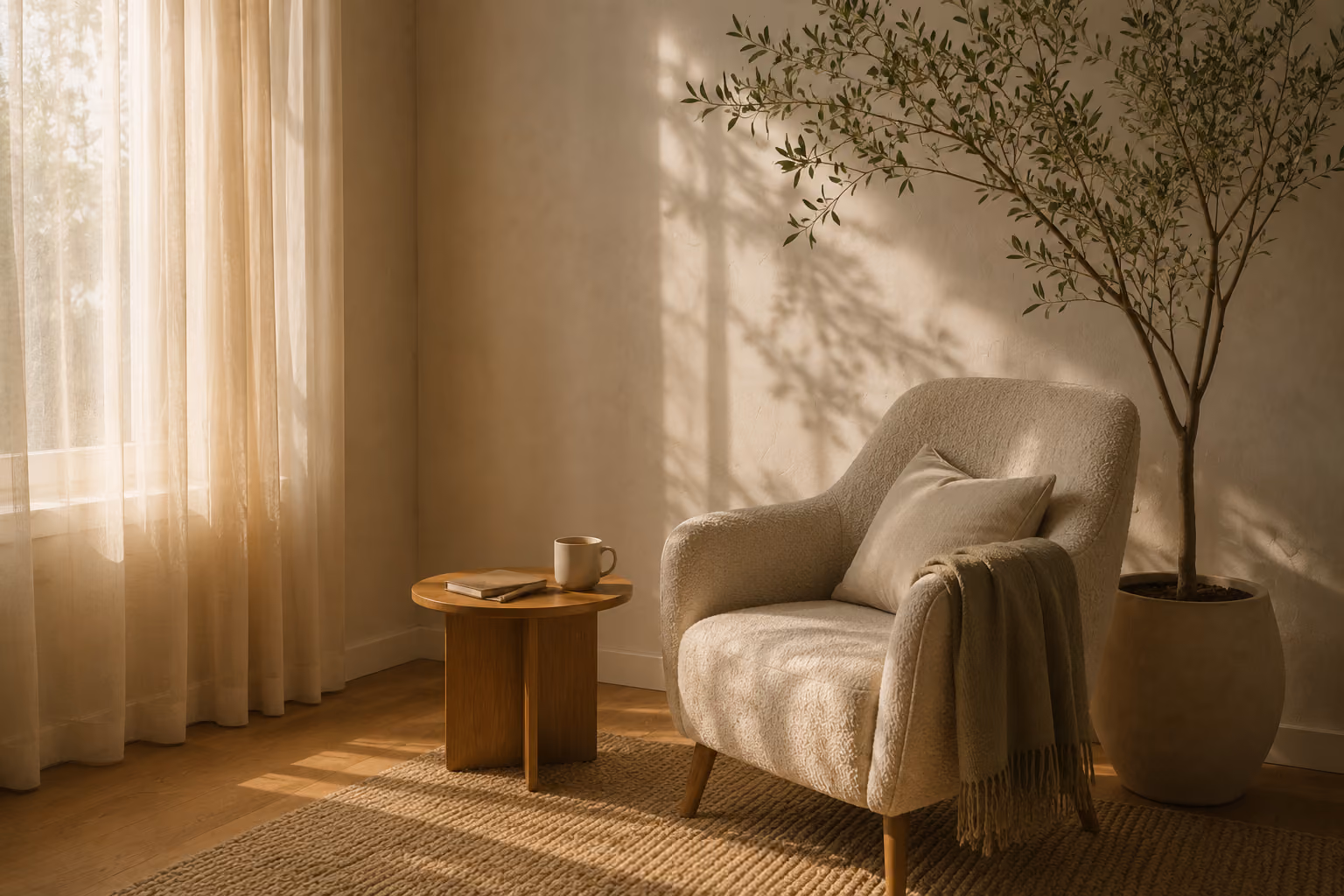 A quiet, sunlit reading corner with a soft armchair and warm natural light.