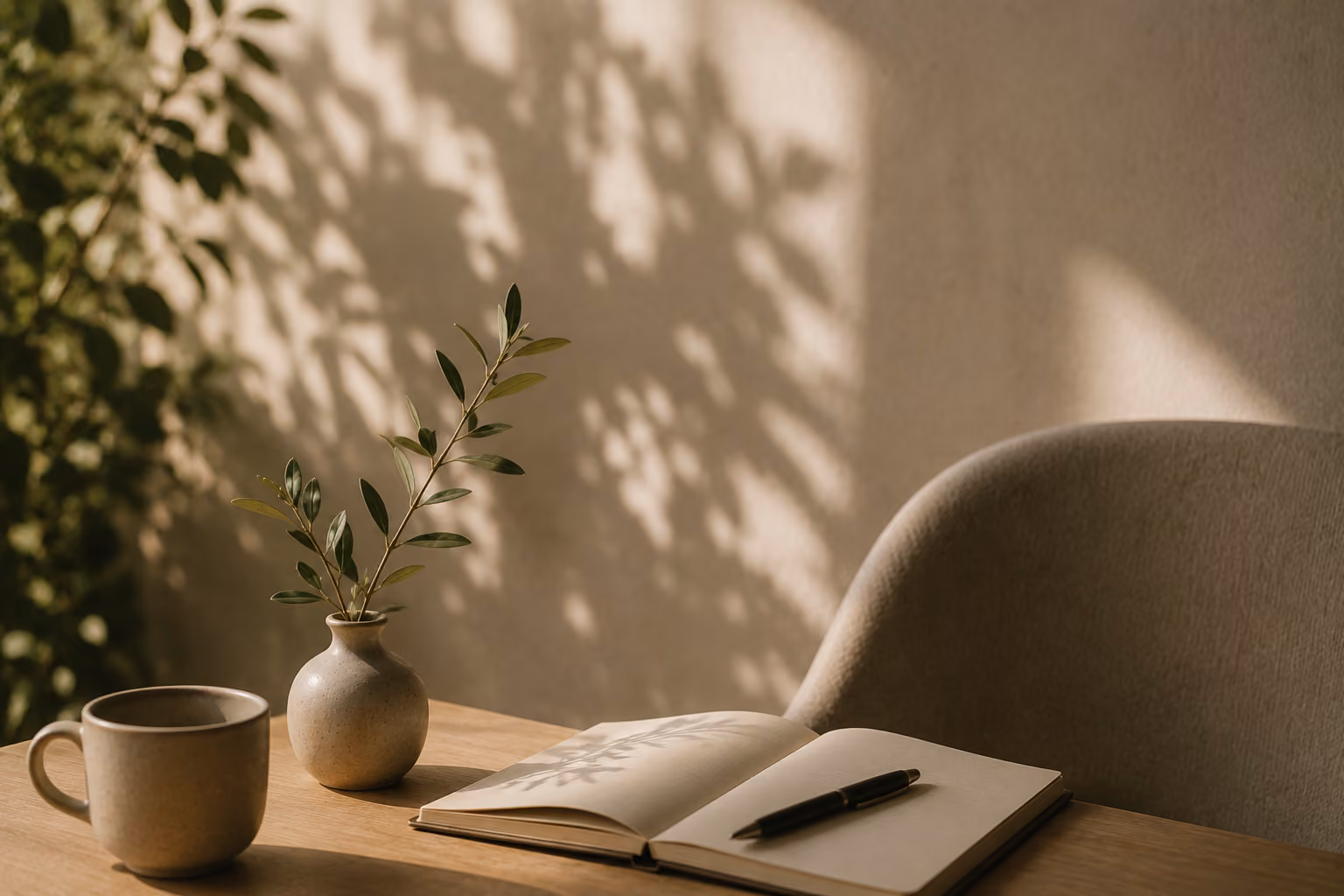 An open journal and pen on a wooden desk, with warm afternoon light and a cup of tea nearby.